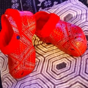 Pair of red bandana printed platform clogs